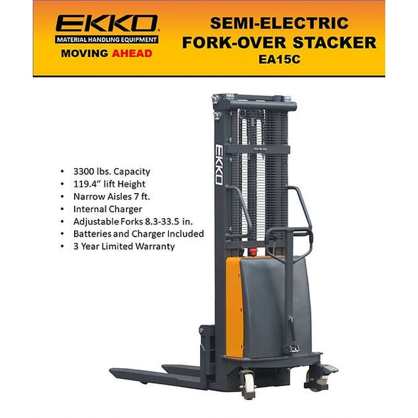 EKKO EA15E Semi-Electric Fork-Over Stacker 3300lbs. Cap., 138" Height