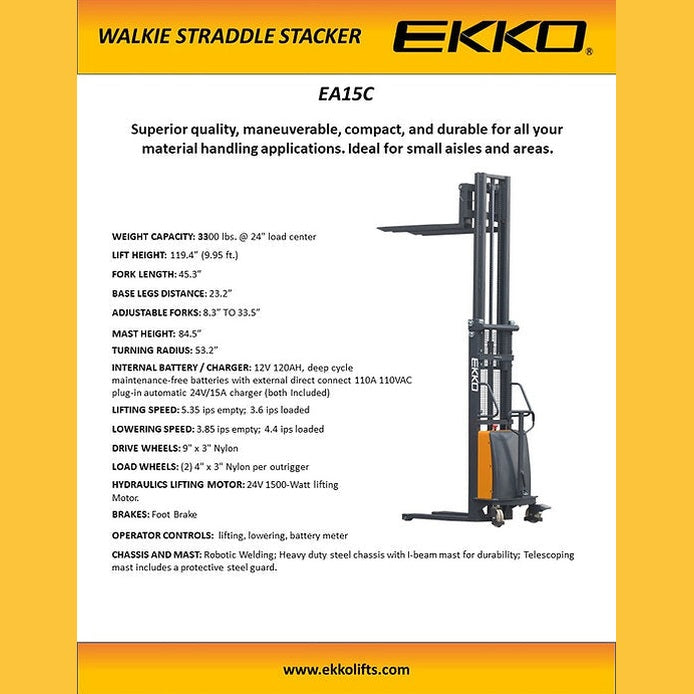 EKKO EA15E Semi-Electric Fork-Over Stacker 3300lbs. Cap., 138" Height