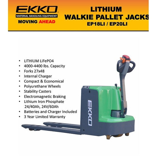 EKKO EP18Li Lithium Iron Walkie Pallet Jack 4000 lb Capacity