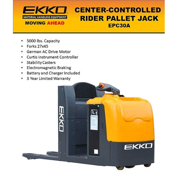EKKO EPC30A Center-Controlled Rider Pallet Jack 5000lbs. Capacity