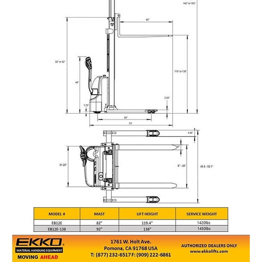 EKKO EB12E-138 Full Powered Straddle Stacker 2640 lb Cap., 138" Height