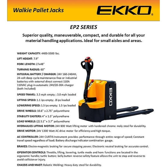 EKKO EP20E Walkie Pallet Jack 4400lbs. Capacity
