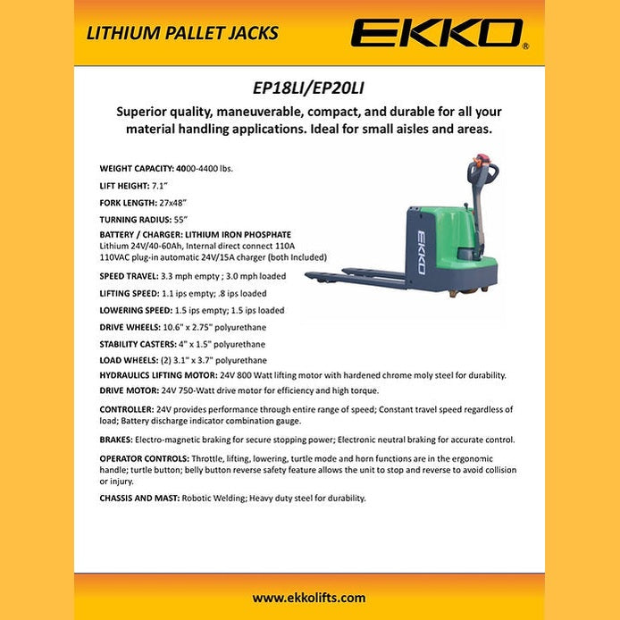 EKKO EP20Li Lithium Iron Phosphate Pallet Jack 4400 lb Capacity