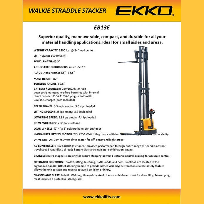 EKKO EB13E-138 Full Powered Straddle Stacker 2800 lb Cap., 138" Height