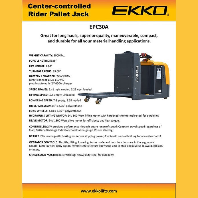 EKKO EPC30A Center-Controlled Rider Pallet Jack 5000lbs. Capacity