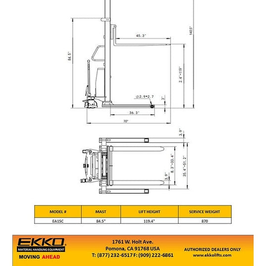 EKKO EA15E Semi-Electric Fork-Over Stacker 3300lbs. Cap., 138" Height