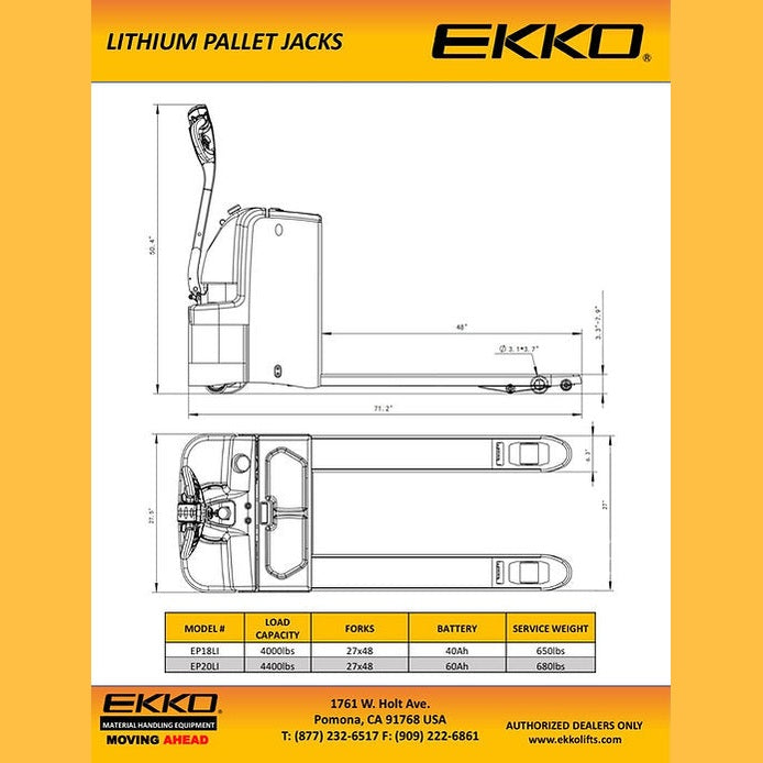 EKKO EP20Li Lithium Iron Phosphate Pallet Jack 4400 lb Capacity