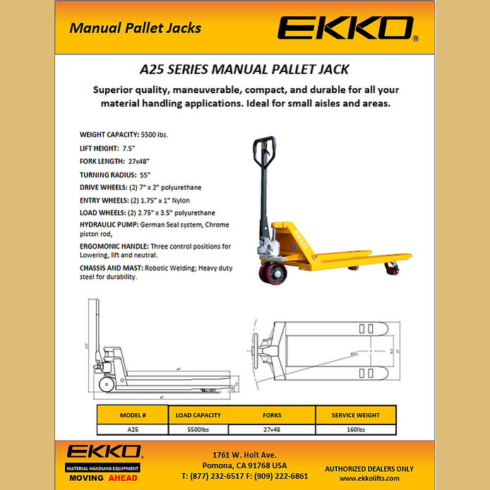 EKKO A25 Manual Pallet Jack, 5,500 lbs Capacity