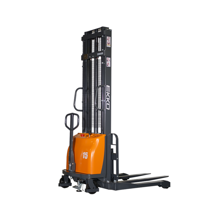 EKKO EA15A-138 Semi-Electric Straddle Stacker, 3,300 lbs Capacity, 138" Height