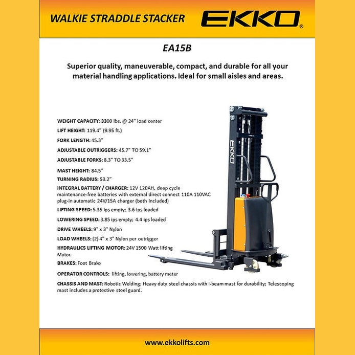 EKKO EA15B Semi-Electric Straddle Stacker 3300lbs. Cap., 119.4" Height