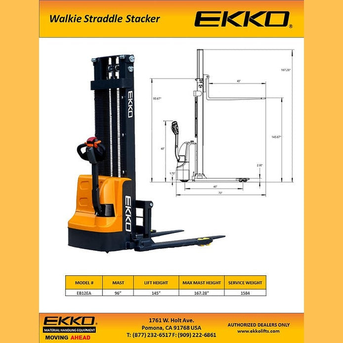 EKKO EB12EA Full Powered Straddle Stacker 3000 lb Cap., 145.67" Height