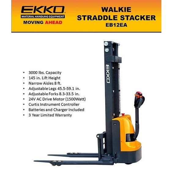EKKO EB12EA Full Powered Straddle Stacker 3000 lb Cap., 145.67" Height