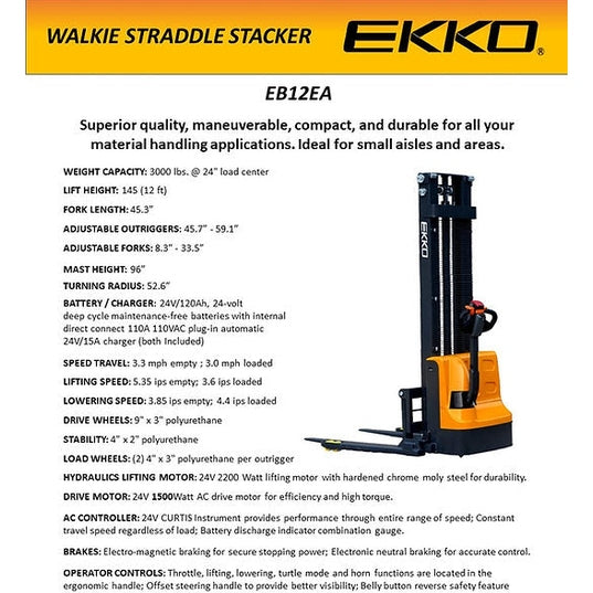 EKKO EB12EA Full Powered Straddle Stacker 3000 lb Cap., 145.67" Height