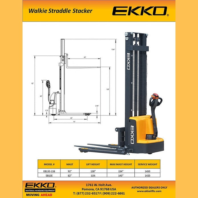 EKKO EB13E Full Powered Straddle Stacker 2800 lb Cap., 119" Height