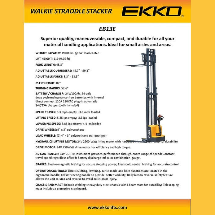 EKKO EB13E Full Powered Straddle Stacker 2800 lb Cap., 119" Height