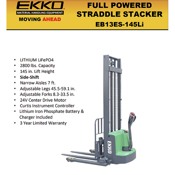 EKKO EB13ES-145Li Lithium Straddle Stacker 2640 lb Cap., 145" Height, Side Shift
