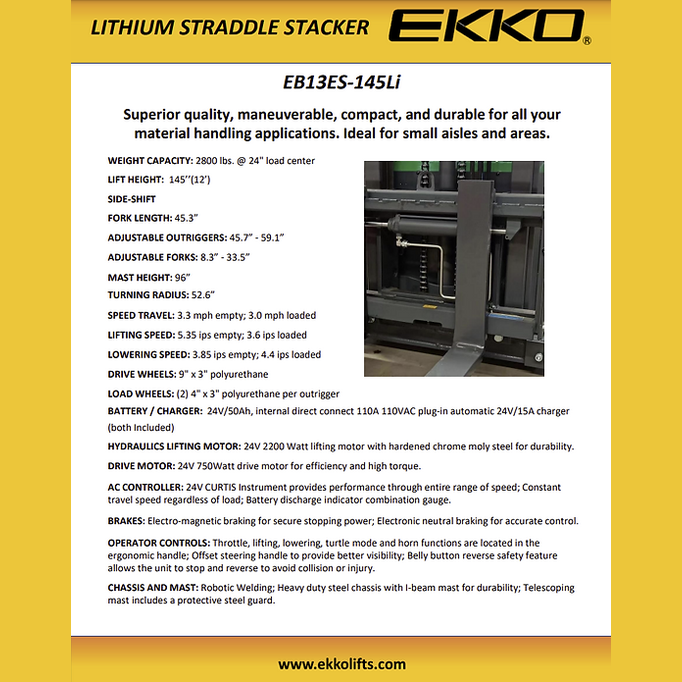 EKKO EB13ES-145Li Lithium Straddle Stacker 2640 lb Cap., 145" Height, Side Shift