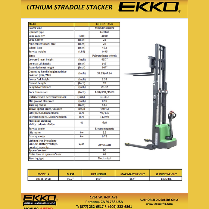 EKKO EB13ES-145Li Lithium Straddle Stacker 2640 lb Cap., 145" Height, Side Shift