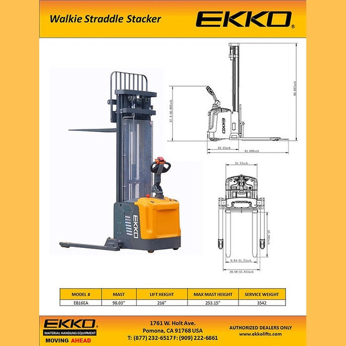 EKKO EB16EA Full Powered Straddle Stacker 4400 lb Cap., 216" Height