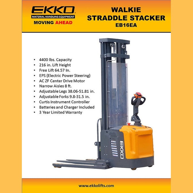 EKKO EB16EA Full Powered Straddle Stacker 4400 lb Cap., 216" Height