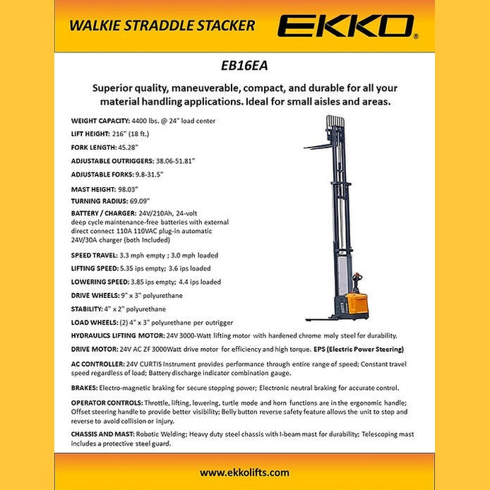 EKKO EB16EA Full Powered Straddle Stacker 4400 lb Cap., 216" Height