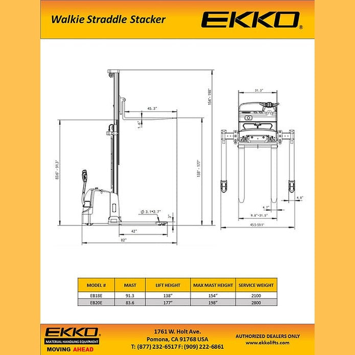 EKKO EB18E Full Powered Straddle Stacker 4000 lb Cap., 138" Height