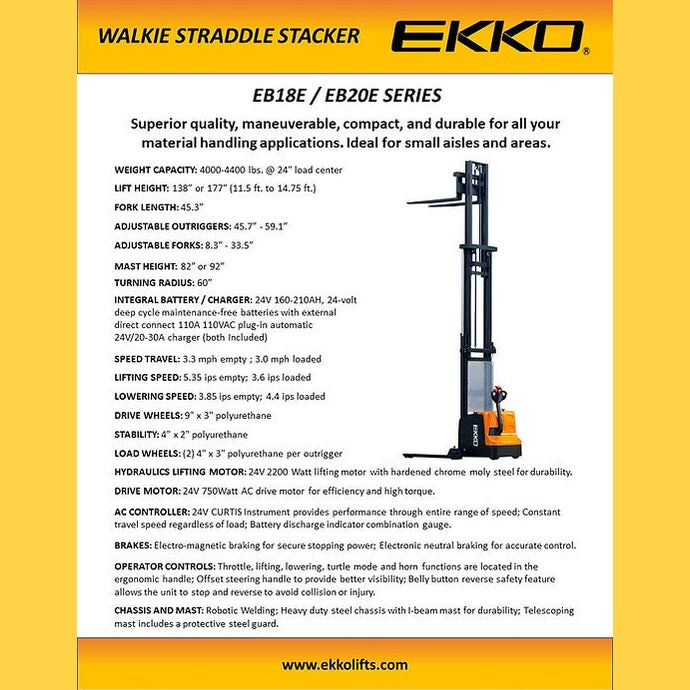 EKKO EB18E Full Powered Straddle Stacker 4000 lb Cap., 138" Height