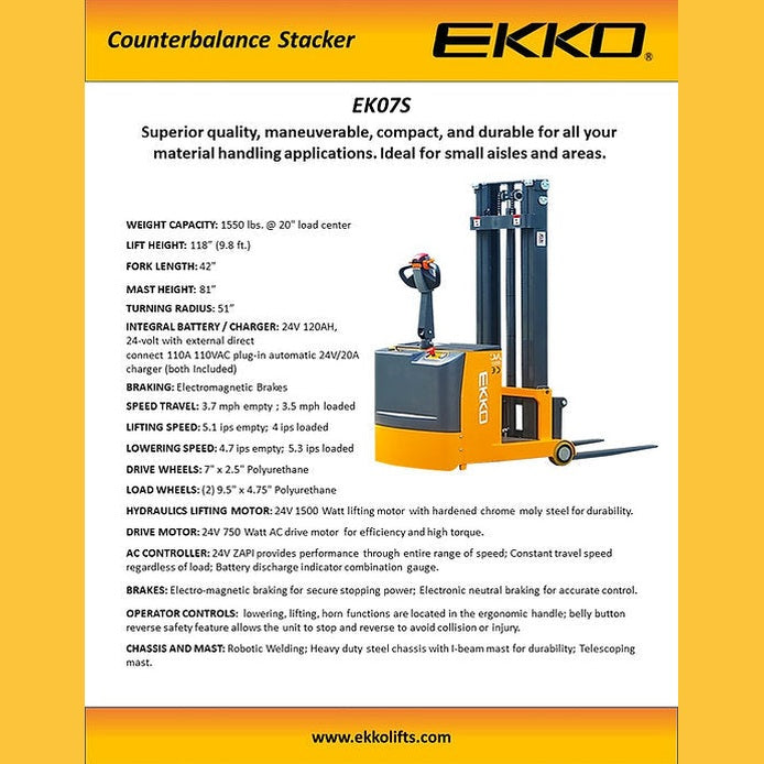EKKO EK07S Counterbalance Walkie Stacker 1550lbs. Cap.