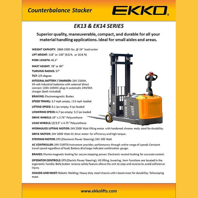 EKKO EK14-130 Counterbalanced Walkie Stacker 3300 lb Cap.