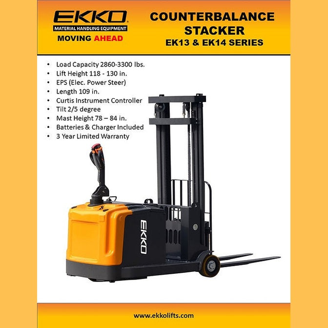 EKKO EK14-130 Counterbalanced Walkie Stacker 3300 lb Cap.
