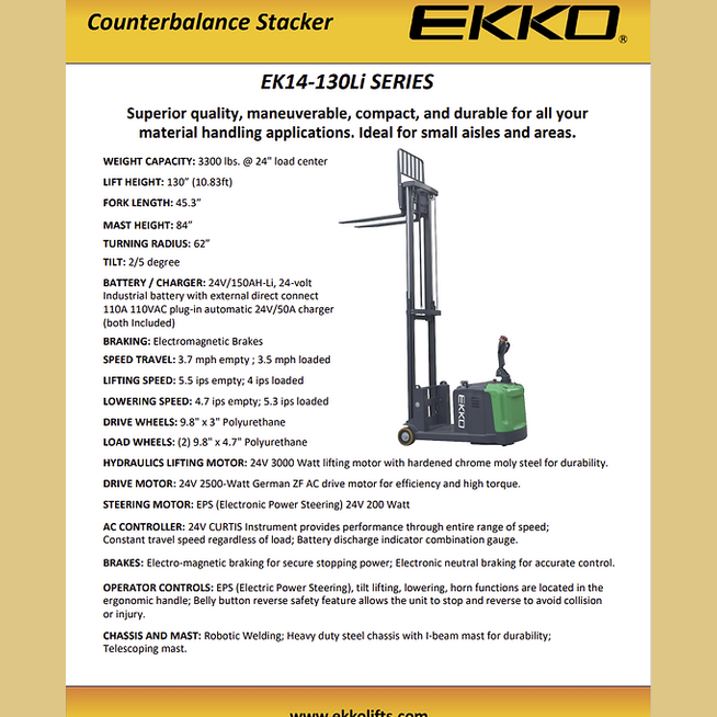 EKKO EK14-130Li Lithium Powered Counterbalanced Walkie Stacker