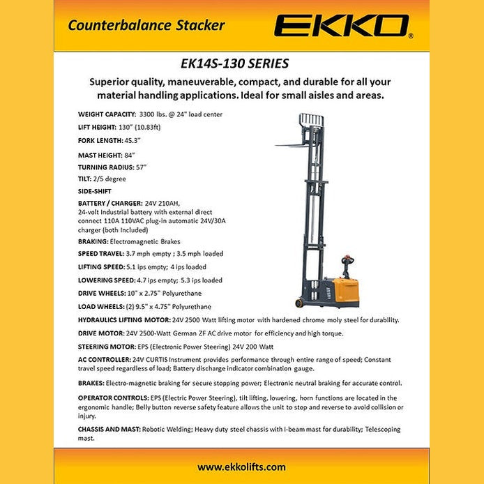 EKKO EK14S-130 Counterbalanced Walkie Stacker SIDE-SHIFTING