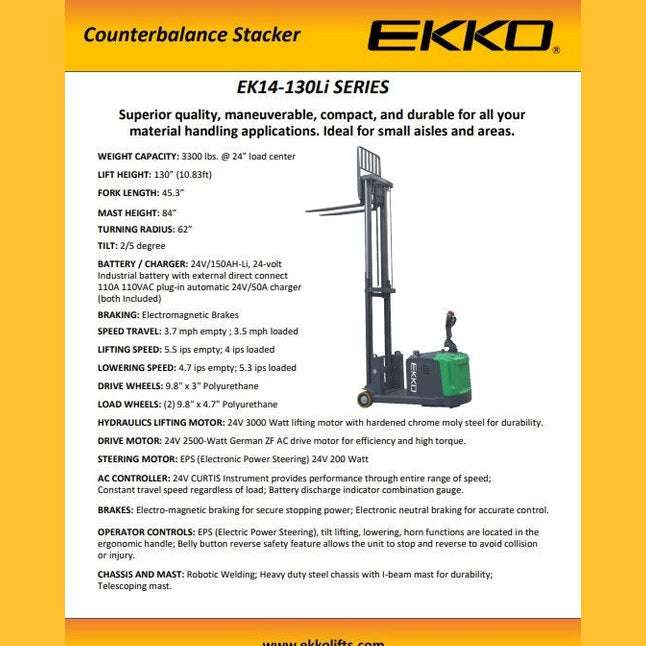 EKKO EK14S-130Li Lithium Counterbalanced Walkie Stacker SIDE-SHIFTING