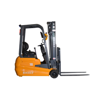 Side profile of EKKO EK16A-138 3-wheel electric forklift showing the orange chassis, dark overhead guard, single rear steer wheel, and exposed forks
