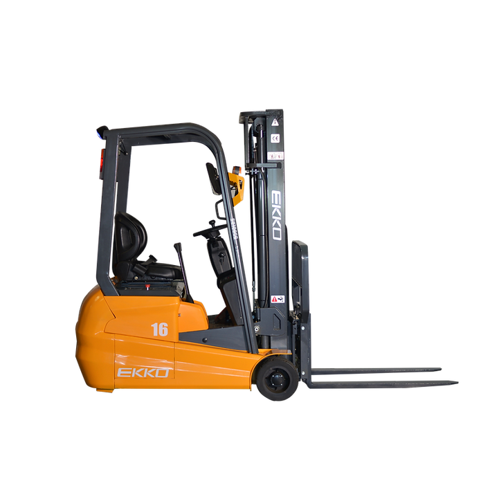 Side profile of EKKO EK16A-138 3-wheel electric forklift showing the orange chassis, dark overhead guard, single rear steer wheel, and exposed forks