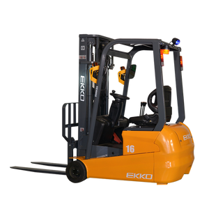EKKO EK16A-138 3-wheel electric forklift, three-quarter front view, orange chassis with single rear steer wheel and exposed forks