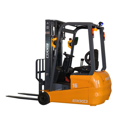 EKKO EK16A-138 3-wheel electric forklift, three-quarter front view, orange chassis with single rear steer wheel and exposed forks