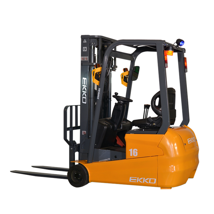 Orange EKKO EK16A 3-wheel electric forklift, rear three-quarter view with overhead beacon and side EKKO decal