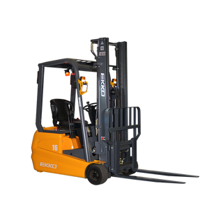 Orange EKKO EK16A 3-wheel electric forklift, front three-quarter view with vertical mast, forks lowered, and "16" side decal