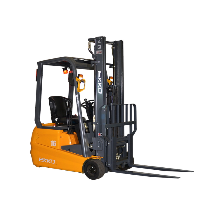 Orange EKKO EK16A 3-wheel electric forklift, front three-quarter view with vertical mast, forks lowered, and "16" side decal