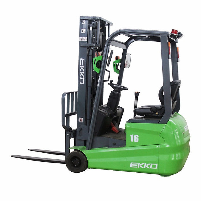 EKKO EK16A-189Li 3-wheel lithium forklift, rear three-quarter view showing single rear wheel and counterweight