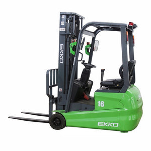 EKKO EK16A 3-wheel lithium forklift, side view showing chassis, seat, and overhead guard