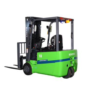 EKKO EK18AT-185Li 3-wheel lithium-battery forklift, three-quarter front view, green chassis with single rear steer wheel and exposed forks