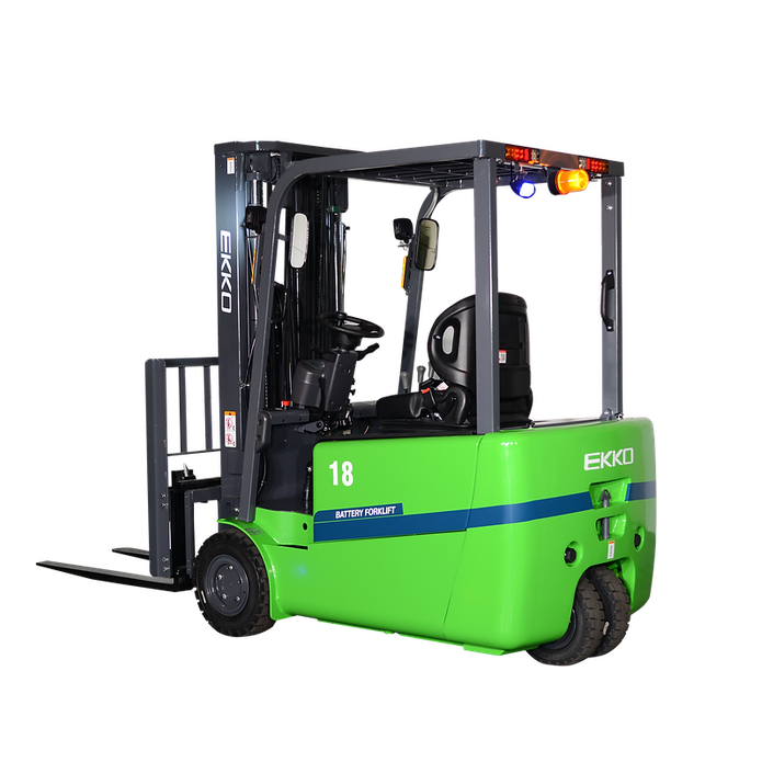 Green EKKO EK18AT 3-wheel lithium-ion electric forklift, front three-quarter view with vertical mast, single rear drive wheel, and "18" side decal