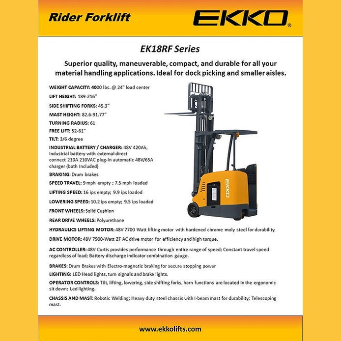 EKKO EK18RF Stand-up Rider Forklift, 4000 lb Cap., 216" Lift Ht. 48V
