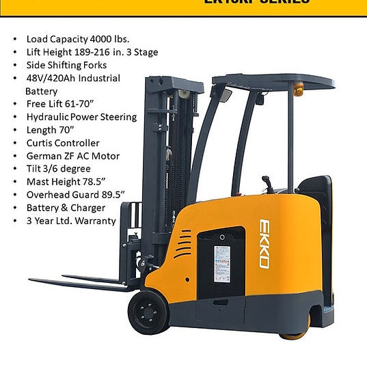 EKKO EK18RF Stand-up Rider Forklift, 4000 lb Cap., 216" Lift Ht. 48V