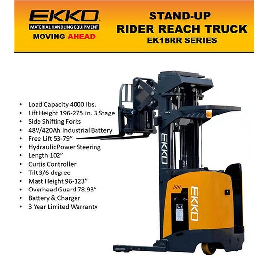 EKKO EK18RRL Stand-Up NA Reach Truck 4000 lb Cap., 196"Lift Ht.