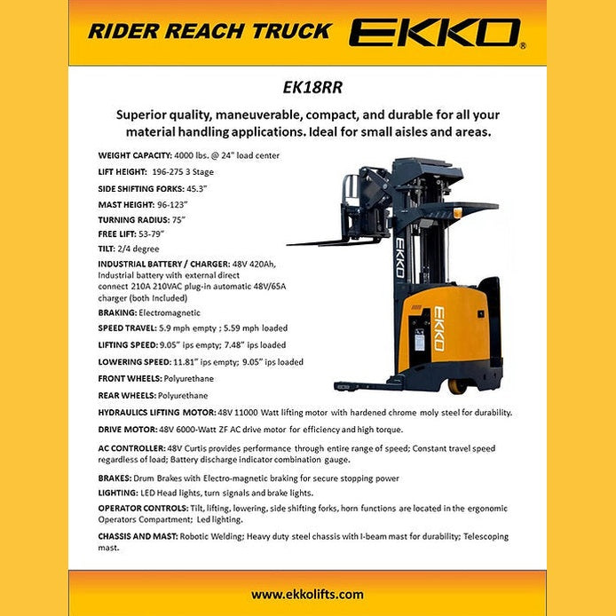 EKKO EK18RRL Stand-Up NA Reach Truck 4000 lb Cap., 196"Lift Ht.