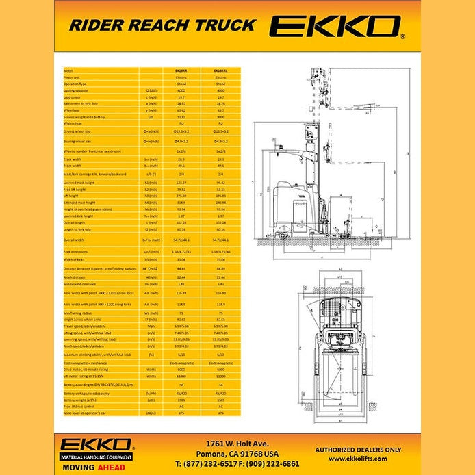EKKO EK18RRL Stand-Up NA Reach Truck 4000 lb Cap., 196"Lift Ht.