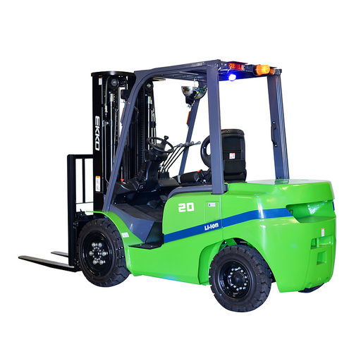 Green EKKO EK20GT 4-wheel lithium-ion electric forklift, front three-quarter view with vertical mast, solid pneumatic tires, and "20" side counterweight decal